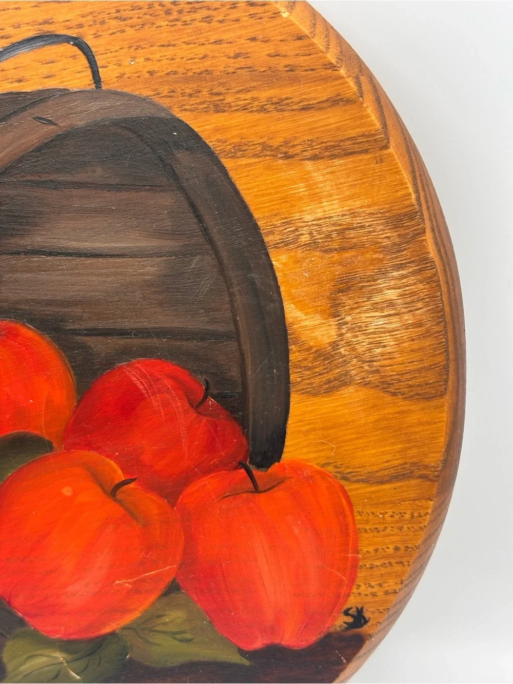Vintage Hand-Painted Round Wooden Wall Plaque, Red Apples in Wooden Barrel
